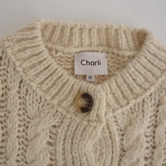 Charli Cream Cable Knit Button Front Cardigan Chunky Textured Grandpa One Size - Picture 9 of 10